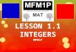 LESSON 1.1 INTEGERS MFM1P. Homework Check McGraw-Hill [Ch. 5.1]: pages 175-178 Q# 5a, 6, 8, 10, 11, 12, 13, 14, 16