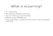 What is eLearning? E = electronic Not always distance learning Can be online-via the Internet Offline using CDROMs etc. Free standing or combined with