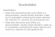 Nucleotides Specification: State that deoxyribonucleic acid (DNA) is a polynucleotide, usually double stranded, made up of nucleotides containing the bases
