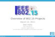 Page 1 IEEE 802 March 2011 workshop Version 1.0 EEE 802 Presentation title Overview of 802.15 Projects March 12, 2011 Bob Heile Chair, IEEE 802.15 Chairman,