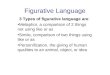 Figurative Language 3 Types of figurative language are: Metaphor, a comparison of 2 things not using like or as Simile, comparison of two things using