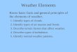 Weather Elements Know basic facts and general principles of the elements of weather. 1. Identify types of clouds. 2. Identify types of air masses and fronts