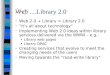 Web …Library 2.0 Web 2.0 + Library = Library 2.0 Its all about technology Implementing Web 2.0 ideas within library services delivered via the WWW – e.g.: