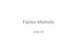 Factor Markets Unit IV. Basic concepts Similar to those of: – supply and demand –And product markets –Same concepts with new application