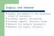 Supply and Demand Supply and Demand is the essential issue of economics. Economic agents: Households Economic agents: Business firms Markets for Outputs