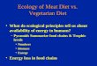 Ecology of Meat Diet vs. Vegetarian Diet What do ecological principles tell us about availability of energy to humans? –Pyramids Summarize food chains