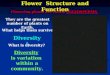 Flower Structure and Function Flowering plants are called ANGIOSPERMS. They are the greatest number of plants on Earth. What helps them survive? Diversity