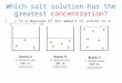 Which salt solution has the greatest concentration? [ ] is a measure of the amount of solute in a given amount of solution Beaker A 3 molecules 100 mL