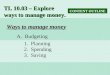 TL 10.03 – Explore ways to manage money. CONTENT OUTLINE Ways to manage money A. Budgeting 1. Planning 2. Spending 3. Saving