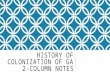 HISTORY OF COLONIZATION OF GA 2-COLUMN NOTES. COLONIES BEFORE GEORGIA o Left hand side: o England had settled 12 colonies. o “Carolina” was founded in