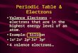 Periodic Table & Electrons Valence Electrons – electrons that are in the highest energy level of an atom. Example: Silicon 1s 2 2s 2 2p 6 3s 2 3p 2 4 valence