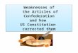 Weaknesses of the Articles of Confederation and how US Constitution corrected them