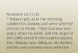 Numbers 22:21-31 21 Balaam got up in the morning, saddled his donkey and went with the princes of Moab. 22 But God was very angry when he went, and the