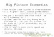 Big Picture Economics The Health Care System is over-burdened U.S. highest cost, lowest performance (Commonwealth Report, 2010 update, 7 countries) We
