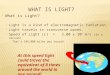 What is Light?  Light is a kind of electromagnetic radiation.  Light travels in transverse waves.  Speed of Light (c) = 3.00 x 10 8 m/s (in a vacuum)
