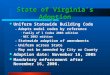 State of Virginia’s Adoption Uniform Statewide Building Code –Adopts model codes by reference Family of I Codes 2003 edition NEC 2002 edition –Statewide