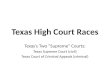 Texas High Court Races Texas’s Two “Supreme” Courts: Texas Supreme Court (civil) Texas Court of Criminal Appeals (criminal)