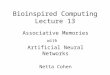 Bioinspired Computing Lecture 13 Associative Memories with Artificial Neural Networks Netta Cohen