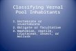 Classifying Vernal Pool Inhabitants 1.Vertebrate or invertebrate 2.Obligate or facultative 3.Amphibian, reptile, crustacean, insect, or mollusk