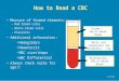 How to Read a CBC Measure of formed elements: –Red blood cells –White blood cells –Platelets Additional information: Hemoglobin Hematocrit RBC size/shape