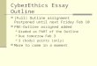 CyberEthics Essay Outline (Full) Outline assignment Postponed until next Friday Feb 10 PRE-Outline assigned added Graded as PART of the Outline Due tomorrow