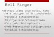 Bell Ringer Without using your notes, name the 5 subtypes of Schizophrenia. Paranoid Schizophrenia Disorganized Schizophrenia Catatonic Schizophrenia Undifferentiated