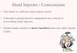 Head Injuries / Concussions Prevalent in collision and contact sports Education and protective equipment are critical in preventing head injuries Head