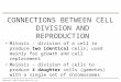 CONNECTIONS BETWEEN CELL DIVISION AND REPRODUCTION Mitosis – division of a cell to produce two identical cells; used mainly for growth and cell replacement