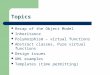 Topics Recap of the Object Model Inheritance Polymorphism – virtual functions Abstract classes, Pure virtual functions Design issues UML examples Templates