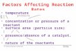 Factors Affecting Reaction Rates presence/absence of a catalyst. surface area (particle size) concentration or pressure of a reactant temperature nature
