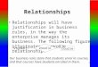 1 Relationships Relationships will have justification in business rules, in the way the enterprise manages its business. The following figure illustrates