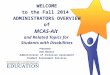 WELCOME to the Fall 2014 ADMINISTRATORS OVERVIEW of MCAS-Alt and Related Topics for Students with Disabilities Presenter: Dan Wiener Administrator of Inclusive