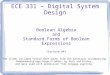 ECE 331 – Digital System Design Boolean Algebra and Standard Forms of Boolean Expressions (Lecture #4) The slides included herein were taken from the materials