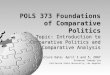 POLS 373 Foundations of Comparative Politics Topic: Introduction to Comparative Politics and Comparative Analysis Lecture Date: April 3 and 5, 2007 Professor