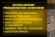 SCHOLARSHIP PRESENTATION OVERVIEW FINANCIAL AID AVAILABLE GENERAL TIMELINES WHAT YOU SHOULD BE DOING HOW TO APPLY FOR A SCHOLARSHIP GENERAL INFO RE: ADMISSION