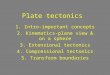 Plate tectonics 1. Intro-important concepts 2. Kinematics-plane view & on a sphere 3. Extensional tectonics 4. Compressional tectonics 5. Transform boundaries