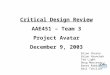 Critical Design Review AAE451 – Team 3 Project Avatar December 9, 2003 Brian Chesko Brian Hronchek Ted Light Doug Mousseau Brent Robbins Emil Tchilian