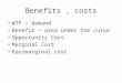 Benefits, costs WTP – demand Benefit – area under the curve Opportunity Cost Marginal Cost Equimarginal cost