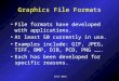 ISYS 3074 Graphics File Formats File formats have developed with applications. At least 50 currently in use. Examples include: GIF, JPEG, TIFF, BMP, DIB,
