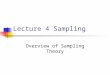 Lecture 4 Sampling Overview of Sampling Theory. Sampling Continuous Signals Sample Period is T, Frequency is 1/T x[n] = x a (n) = x(t)| t=nT Samples of
