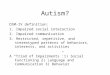 Autism? DSM-IV definition: 1. Impaired social interaction 2. Impaired communication 3. Restricted, repetitive, and stereotyped patterns of behaviors, interests,