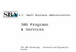 U.S. Small Business Administration The SBA Advantage — Resources and Programs for Success SBA Programs & Services