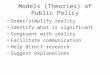 Models (Theories) of Public Policy Order/simplify reality Identify what is significant Congruent with reality Facilitate communication Help direct research