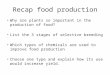 Recap food production Why are plants so important in the production of food? List the 3 stages of selective breeding Which types of chemicals are used