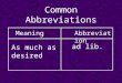 Common Abbreviations AbbreviationMeaning ad lib. As much as desired