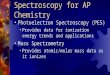 Spectroscopy for AP Chemistry Photoelectron Spectroscopy (PES) Provides data for ionization energy trends and applications Mass Spectrometry Provides atomic/molar