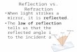 Reflection vs. Refraction When light strikes a mirror, it is reflected. The law of reflection tells us that the reflected angle is equal to the incident