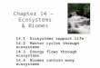 Chapter 14 – Ecosystems & Biomes 14.1 Ecosystems support life 14.2 Matter cycles through ecosystems 14.3 Energy flows through ecosystems 14.4 Biomes contain