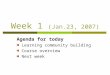 Week 1 (Jan.23, 2007) Agenda for today Learning community building Course overview Next week