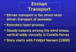 Ekman Transport Ekman transport is the direct wind driven transport of seawater Boundary layer process Steady balance among the wind stress, vertical eddy